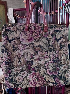 Vintage Floral Tapestry/Overnight Travel Tote Bag with Leather Handles